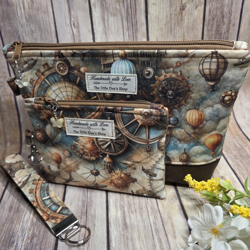 Handmade Steampunk Sky Cosmetic Bag Set - Cream & Brown